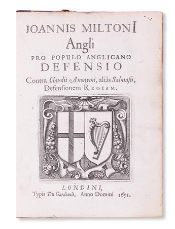 MILTON, JOHN. Pro populo Anglicano defensio, contra Claudii Anonymi, aliàs Salmasii, defensionem regiam.  1651